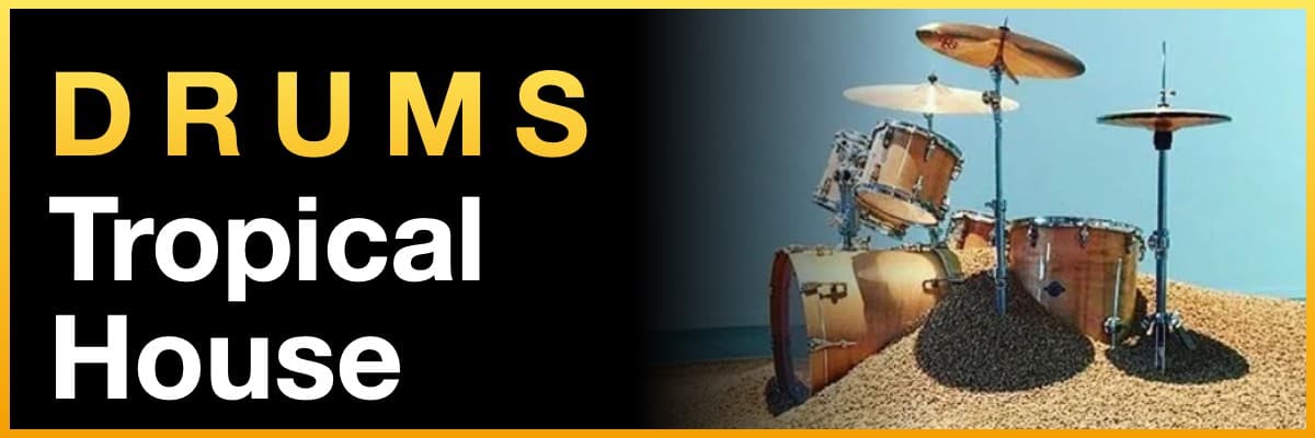 Drums Tropical House banner featuring a drum kit sitting on sand