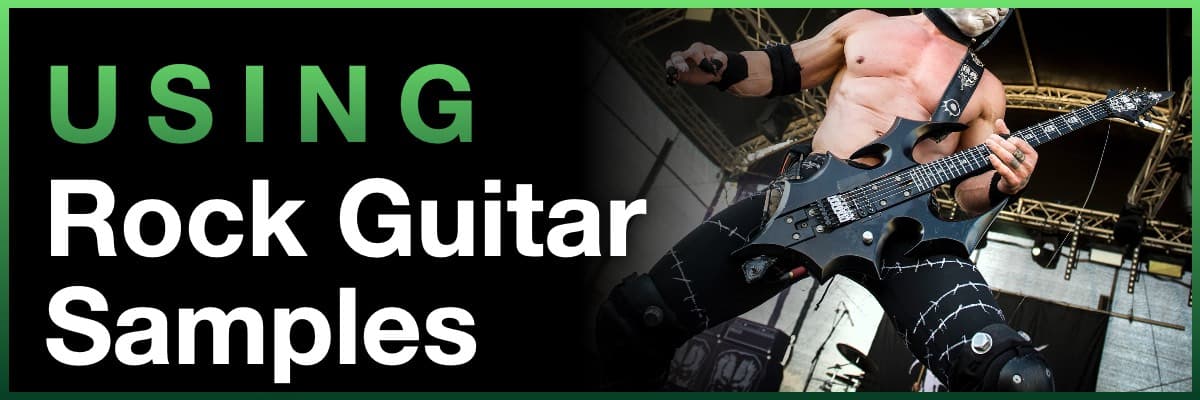 Using Rock Guitar Samples banner featuring a heavy metal guitarist performing live
