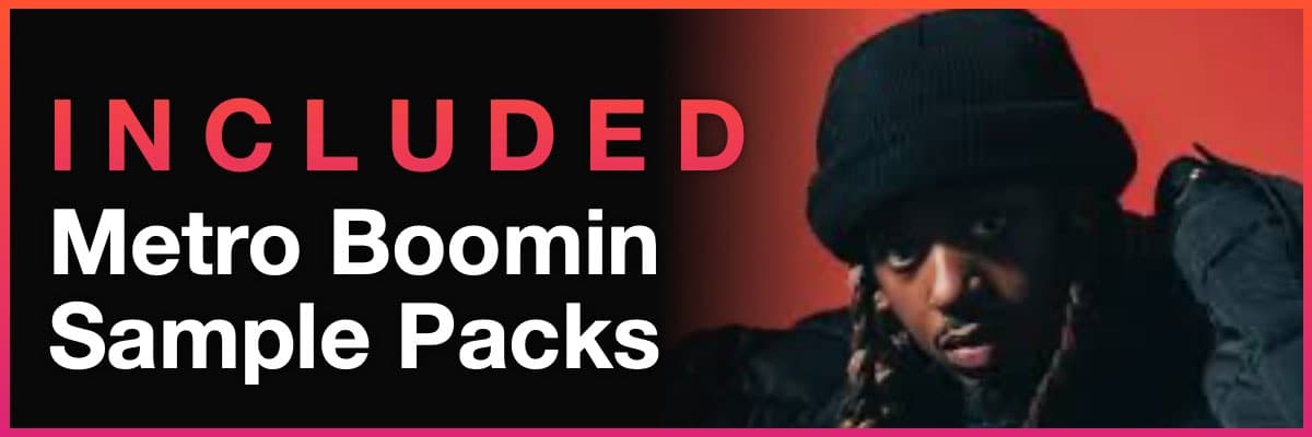 Included Metro Boomin sample packs banner with red lighting portrait