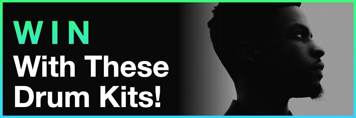 Win With These Drum Kits banner featuring a silhouetted profile of Pierre Bourne