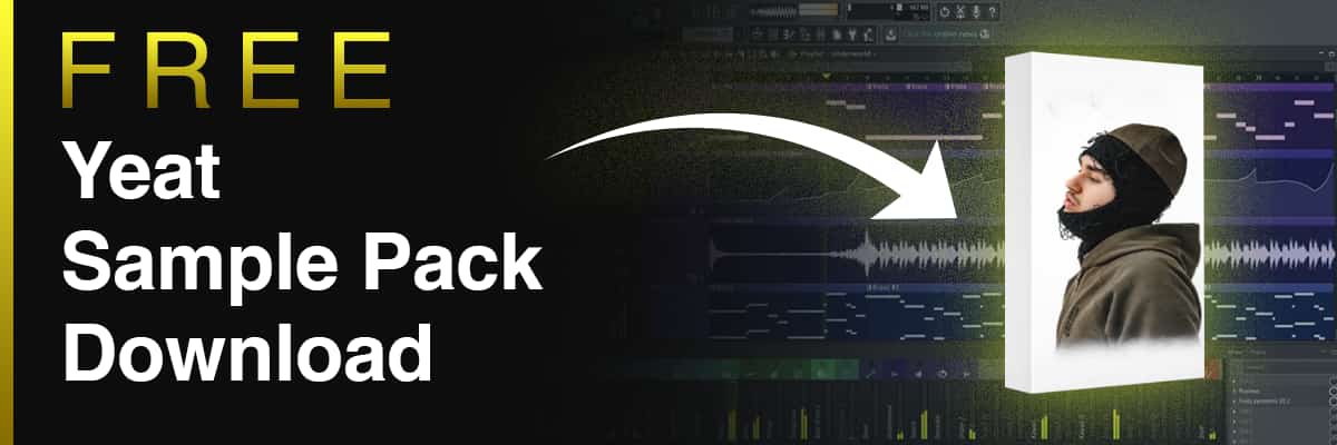 Free Yeat Sample Pack banner featuring an artist portrait and DAW background